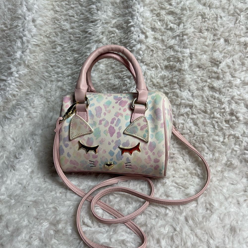 Betsey Johnson mini Barrel bag marble pink,beige & blue pink straps gold accent